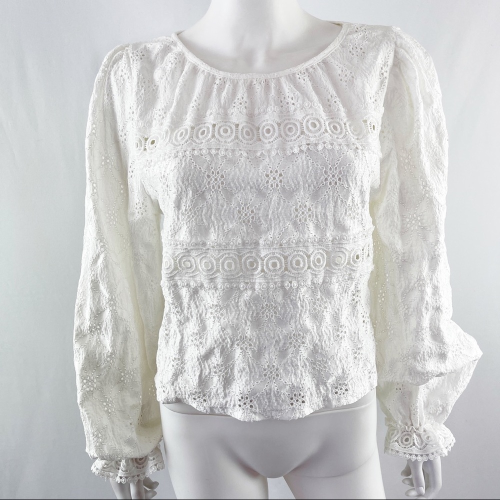Lulus White Lace Long Sleeve Scoop Neck Cottage-Core Blouse Top Size M